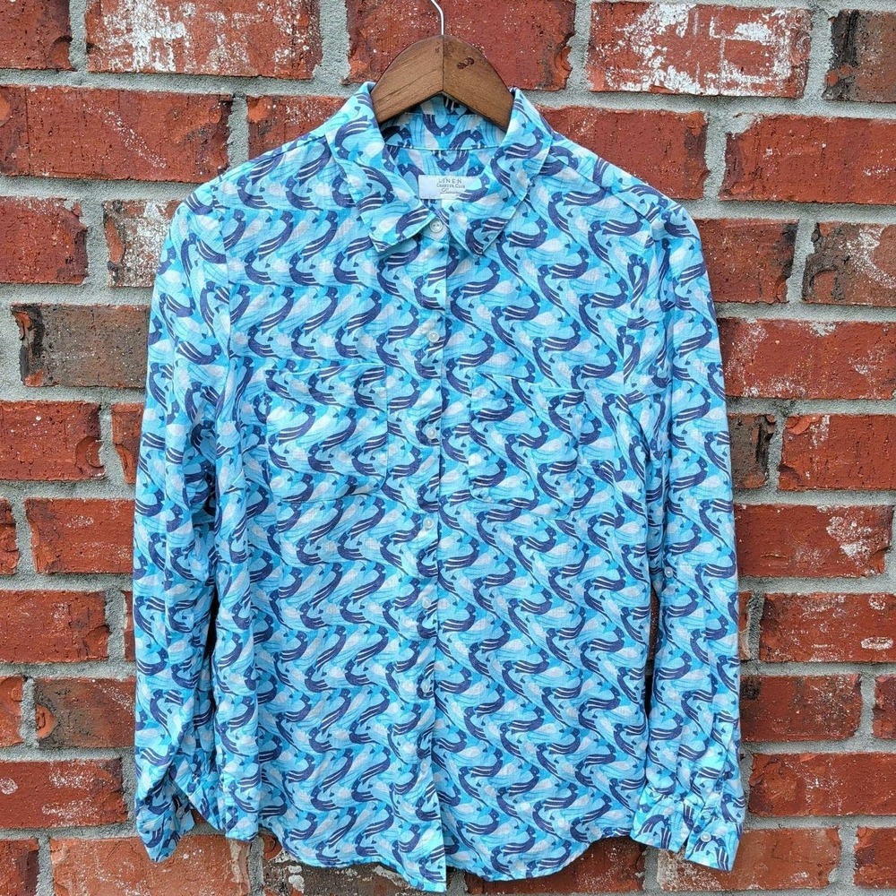 Charter Club Linen Button Up Shirt Mens M Blue Bird Print Long Sleeve Luxury